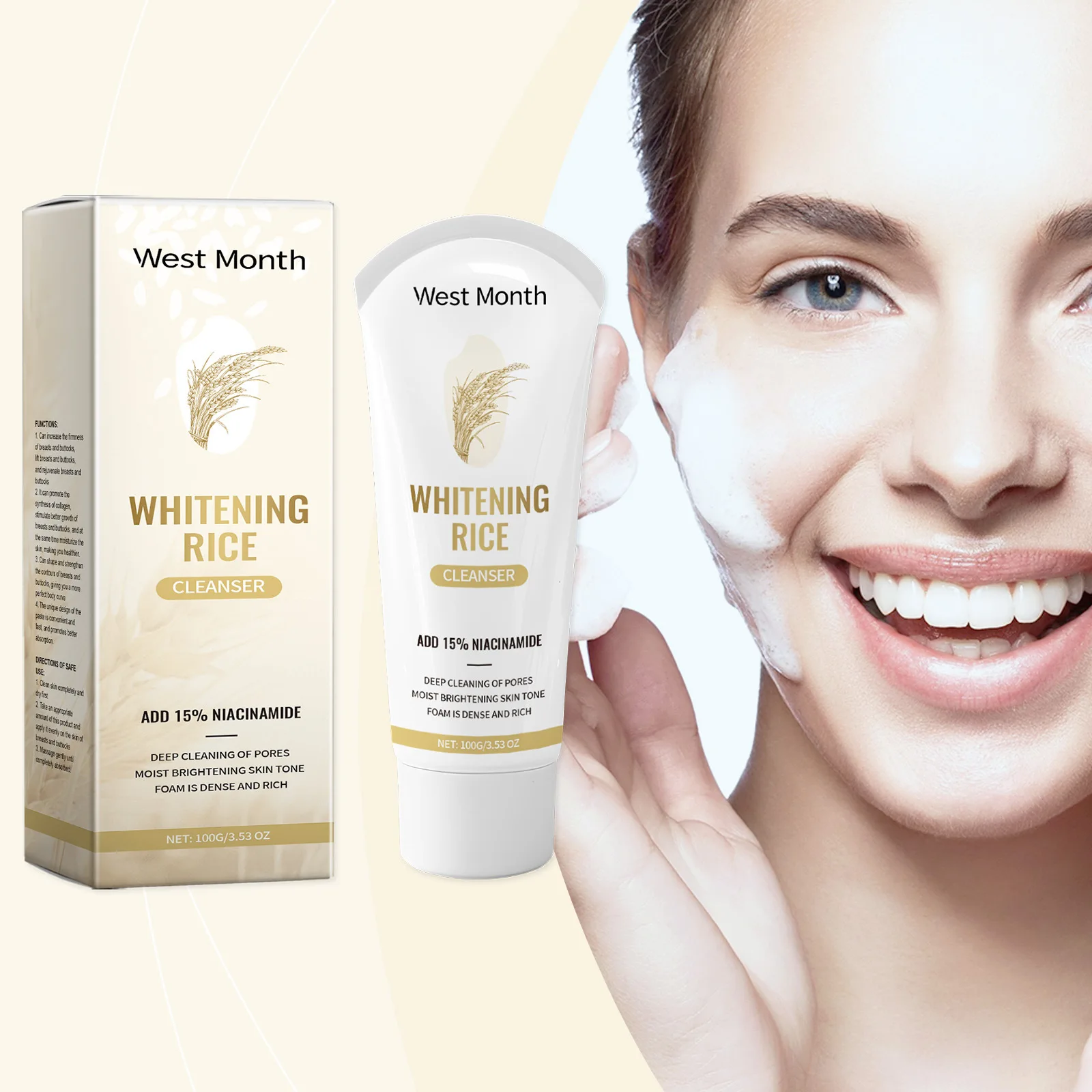 

West&Month 100g Blackheads Removal Face Cleanser Shrink Pores Moisturizing Skin Oil Control Exfoliating Rice Facial Cleanser