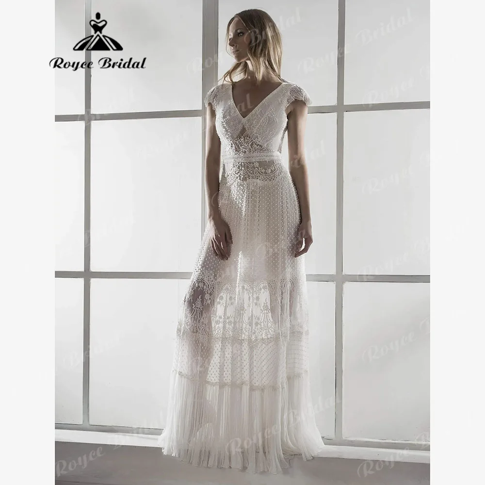 Trouwjurk abito da sposa Boho Beach in pizzo con scollo a V per donna 2024 abito da ricevimento nuziale senza schienale con maniche a berretto abiti da sposa estate