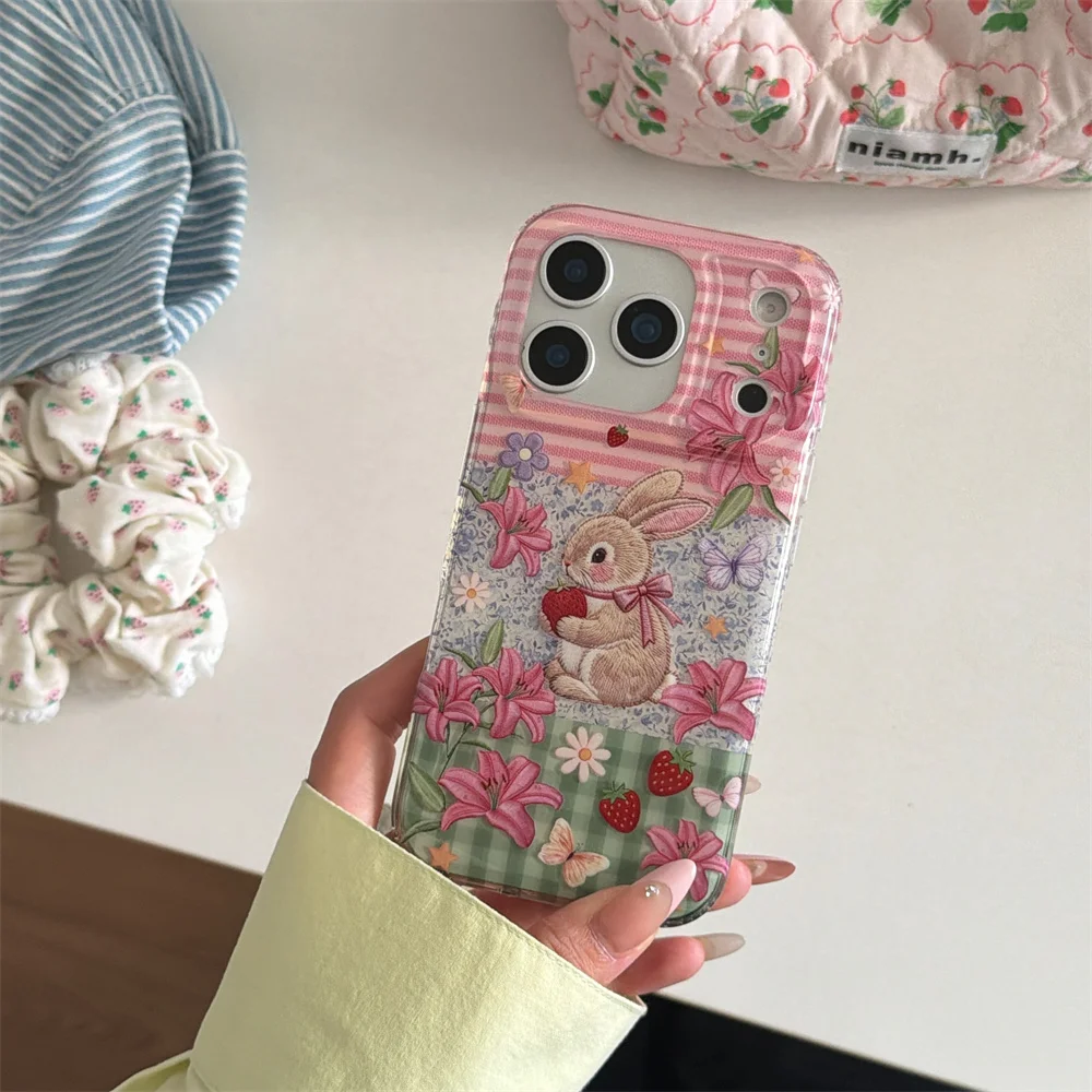 

INS Cute Double Layer IMD Spring Embroidered Rabbit Phone Case Suitable for iPhone 17 Pro Max 15/16 13/14 ProMax Anti Drop Full