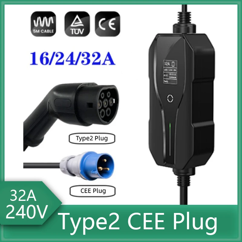 

Type 2 Portable EV Charging Level 2 32 Amp Electric Vehicle Charger 7.4KW, CEE Plug 220-240V EVSE Car Charger Cable, IEC 62196-2