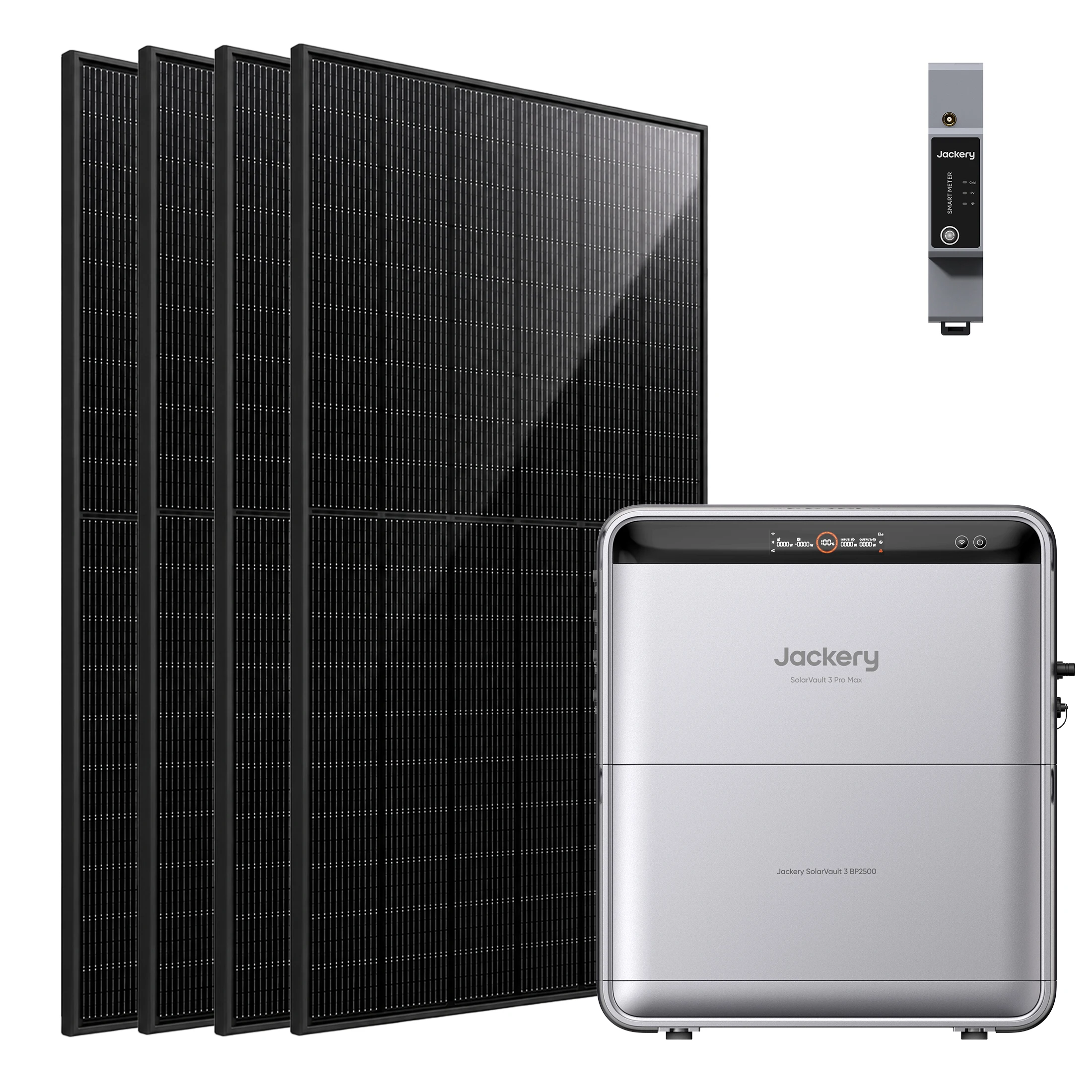 Jackery SolarVault 3 Pro Max Balkonkraftwerk mit Speicher, mit 1 BP2500 5.04kWH,mit Smart Meter 2500 W, 4 MPPT, 4000 W PV-Eingang, mit 4 x 500 W Solarmodulen, erweiterbar bis 15 kWh