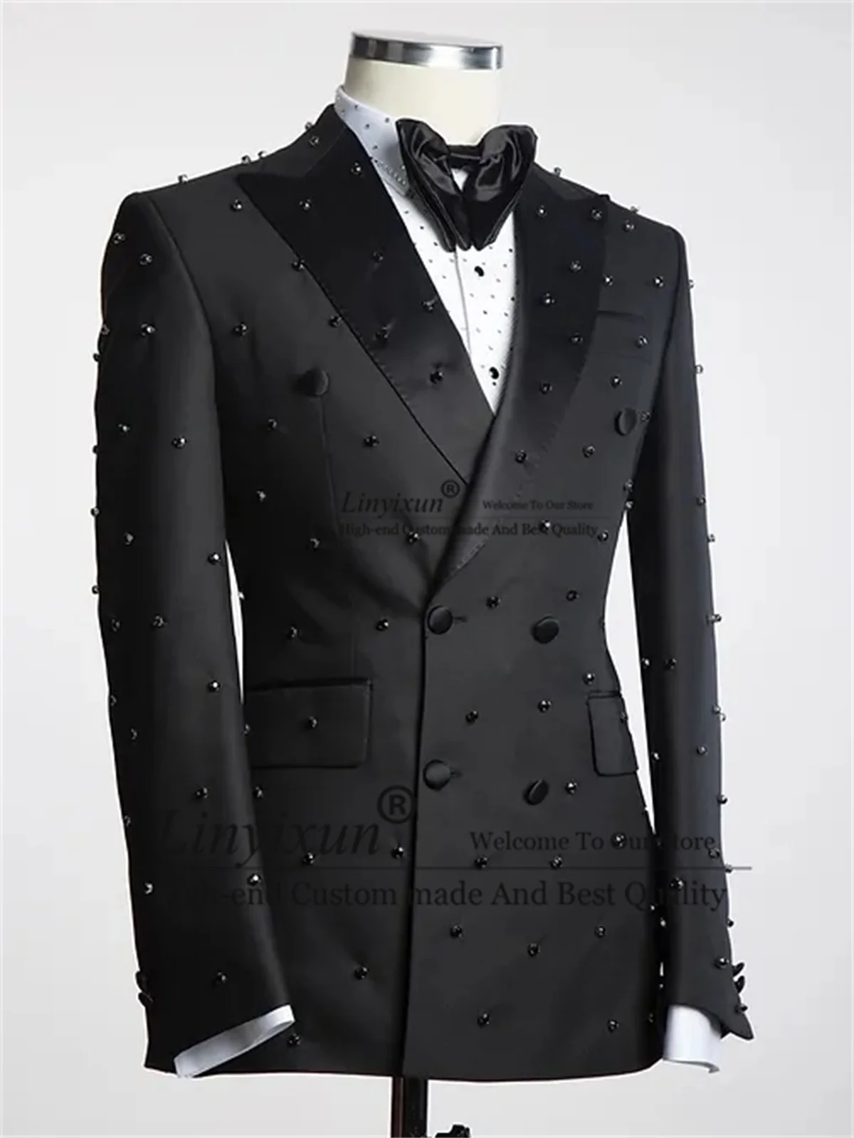 Metal Embellished Men Suits Double Breasted Groom Tuxedo Luxury Beads Wedding Prom Blazers Pants Outfit Terno Masculino Completo