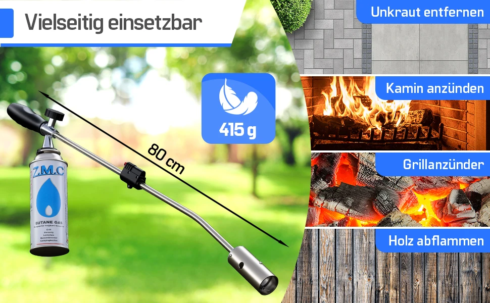 ZMC Unkrautbrenner 2,5 kW mit Piezo-Zündung, Abflammgerät & Unkrautvernichter bis 1400 °C, geeignet für Garten, Hof und Gehwege, inklusive 4x 227g Gaskartuschen für flexiblen Einsatz – Detail 3
