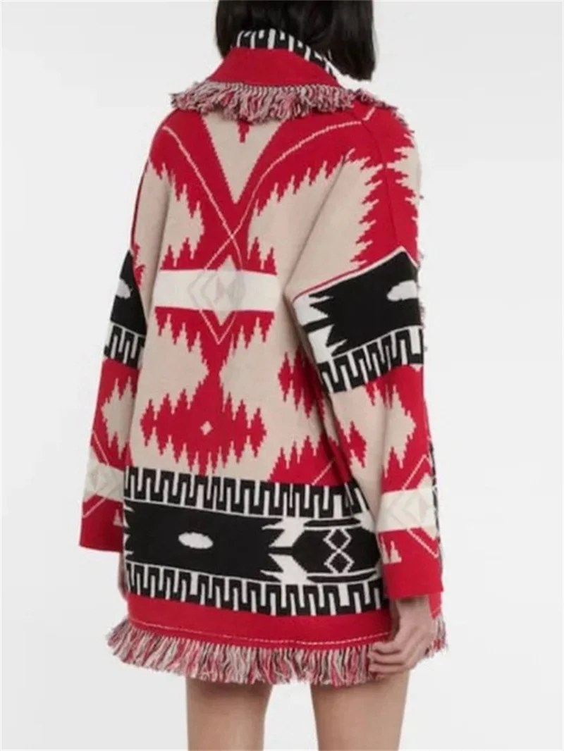 HIGH QUALITY Ethnic Boho Gypsy Bohemian Stylish Women\'s Cashmere Wool Jacquard Print Fringed Belted Wrap Cardigan In Red