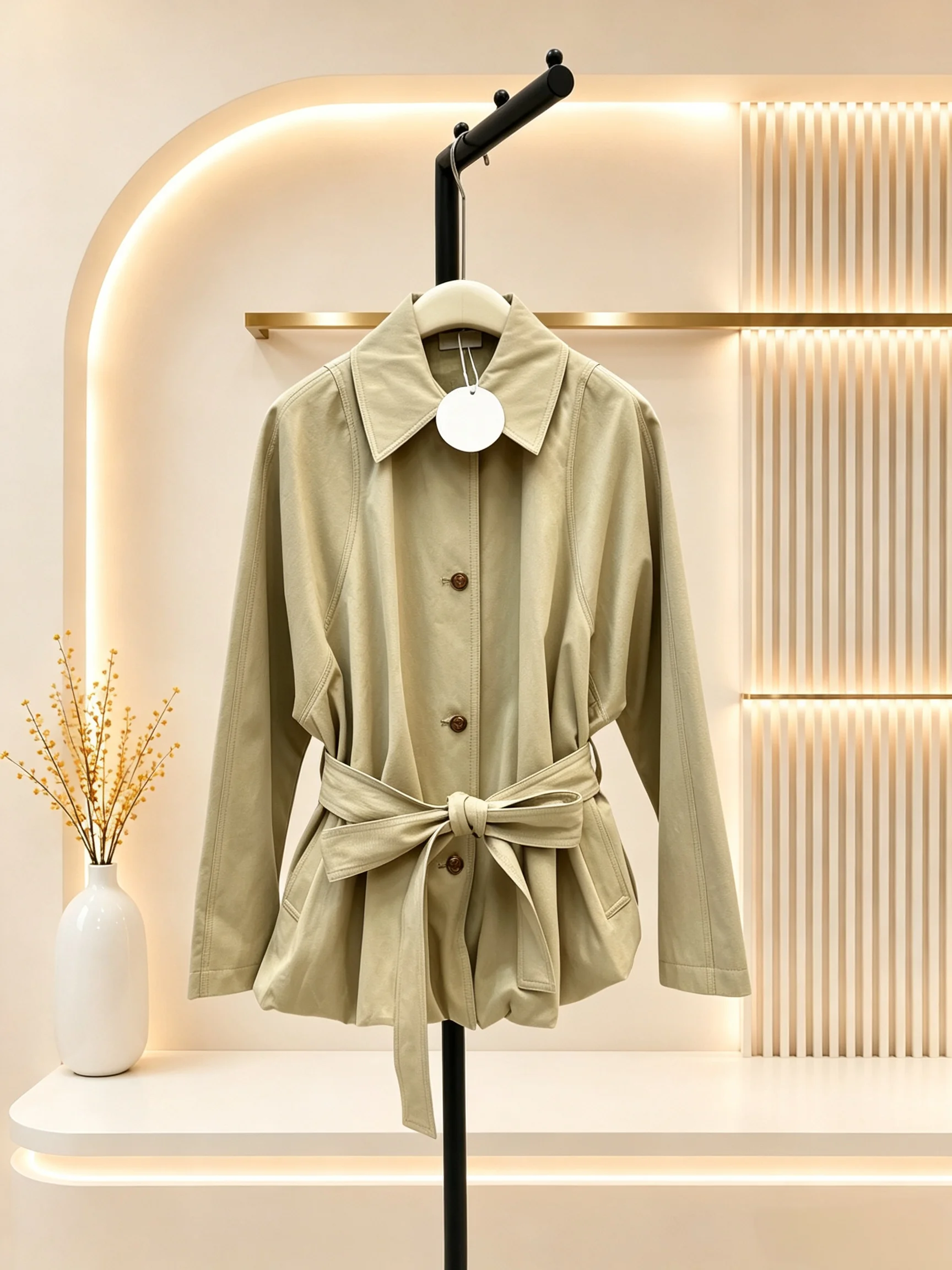2026 Women Trench Coat Lapel Collar Bud Hem Design Tie Waist Tailored Silhouette Outer Coat