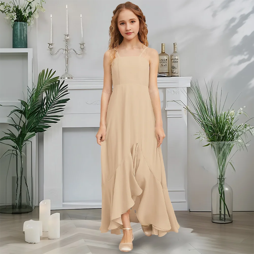 B Vestido de dama de honor junior de corte A, vestido de niña de flores escarcha menta, cuello cuadrado, gasa asimétrica, jardín, gala, baile, boda