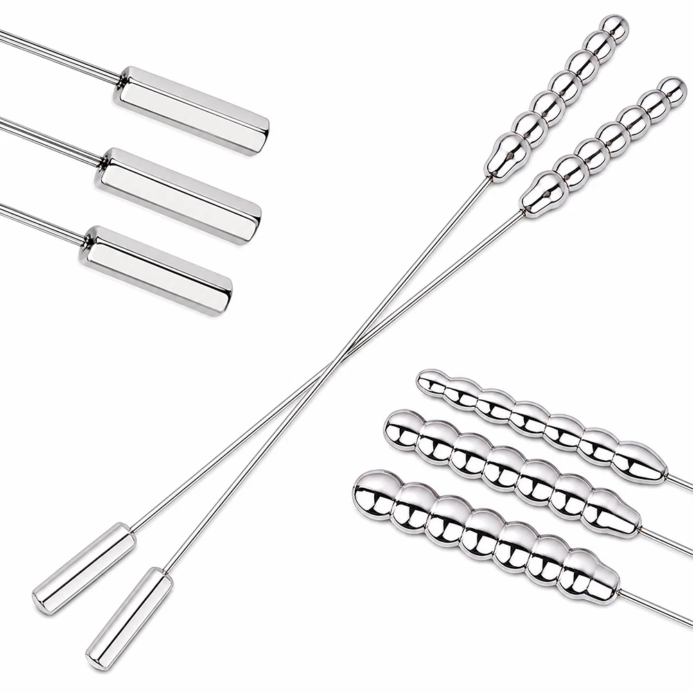 Long Solid Stainless Steel Urethral Sound Rod Beaded Head Slim Shaft Double Ended Horse Eye Plug Prostate Massage Male Toy