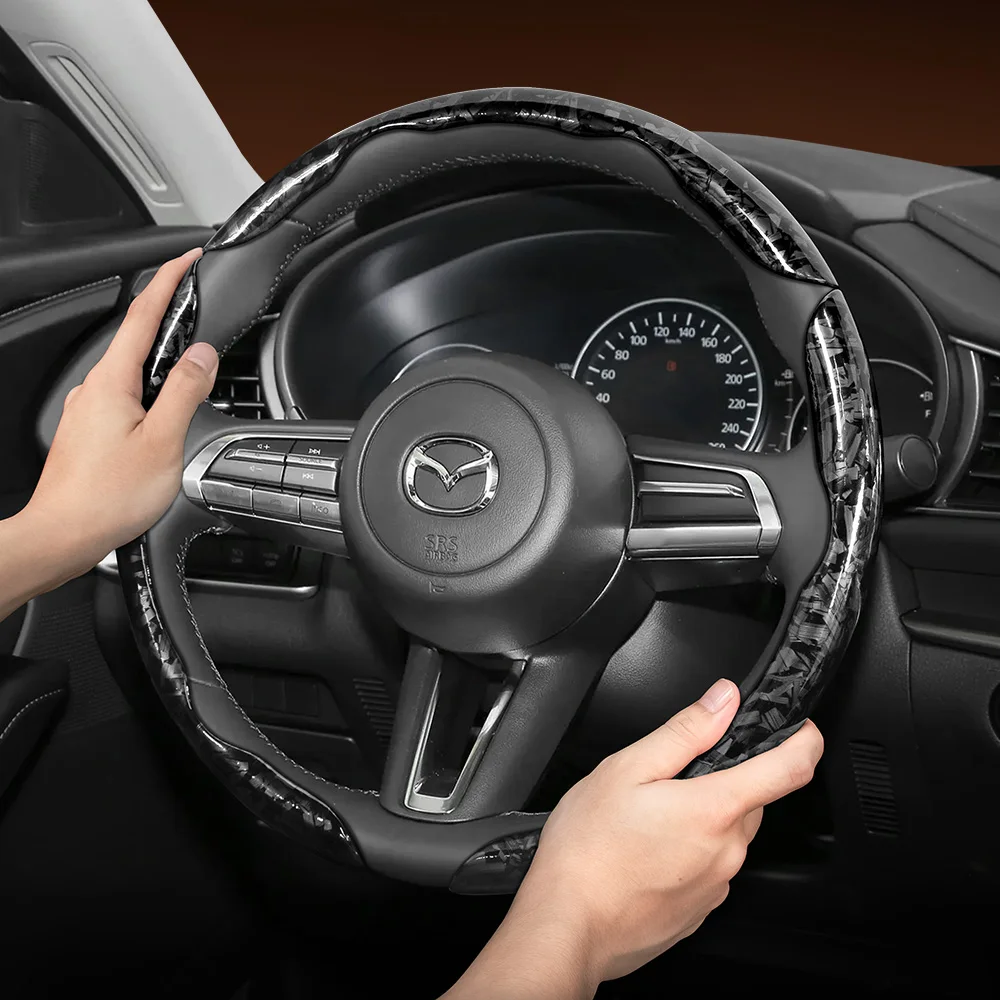 Suitable for Mazda forged carbon fiber texture steering wheel cover, snap-on, no-sew, quick installation for CX-5, CX-30, Mazda3, CX-50, CX-90, Mazda2, CX-60, CX-3, MX-5, BT-50, black, red, gold accessories