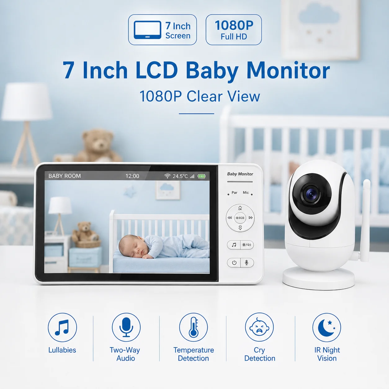 Monitor wireless intelligente da 7 pollici per la sicurezza del bambino, con telecamera PTZ, zoom, visione notturna, sensore di temperatura, audio bidirezionale e melodie rilassanti, ideale per la