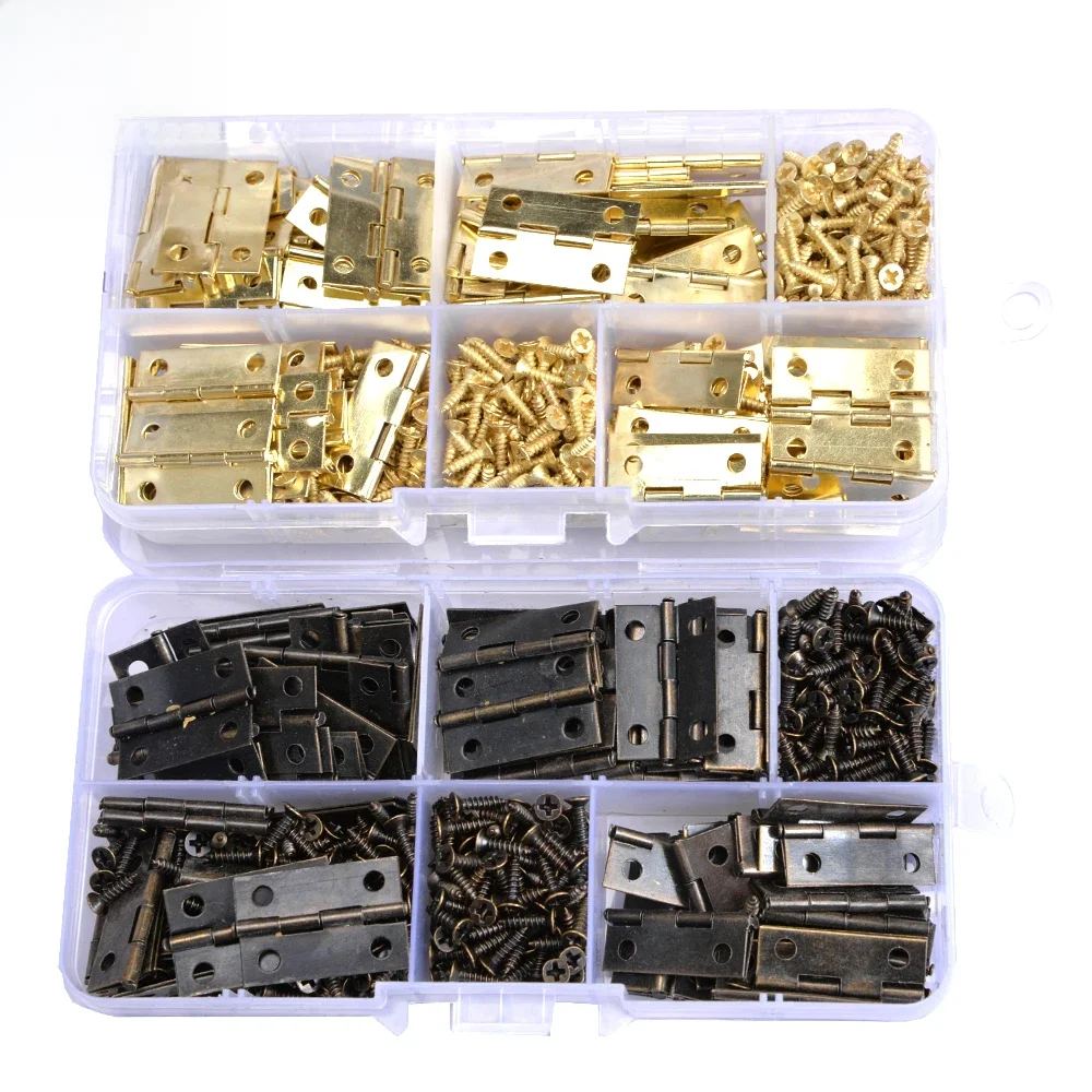 100 sztuk Mini zawiasy na tyłek z 400 sztuk śrub brązowe złote srebrne miniaturowe małe zawiasy dla rzemiosła drewniane pudełko na biżuterię szafka — zdjęcie 2