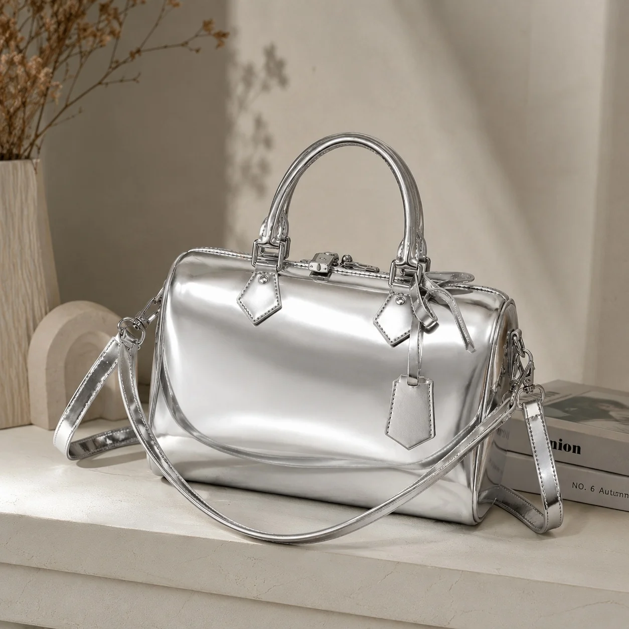 

2026 New Luxury Silver Grace Coddingto Reflective Handbag/Crossbody Bag 30X21X17cm