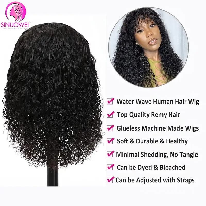 Onda de água peruca de cabelo humano com Franja, máquina cheia feita, molhado e ondulado, Glueless, onda profunda, nenhum laço, brasileiro