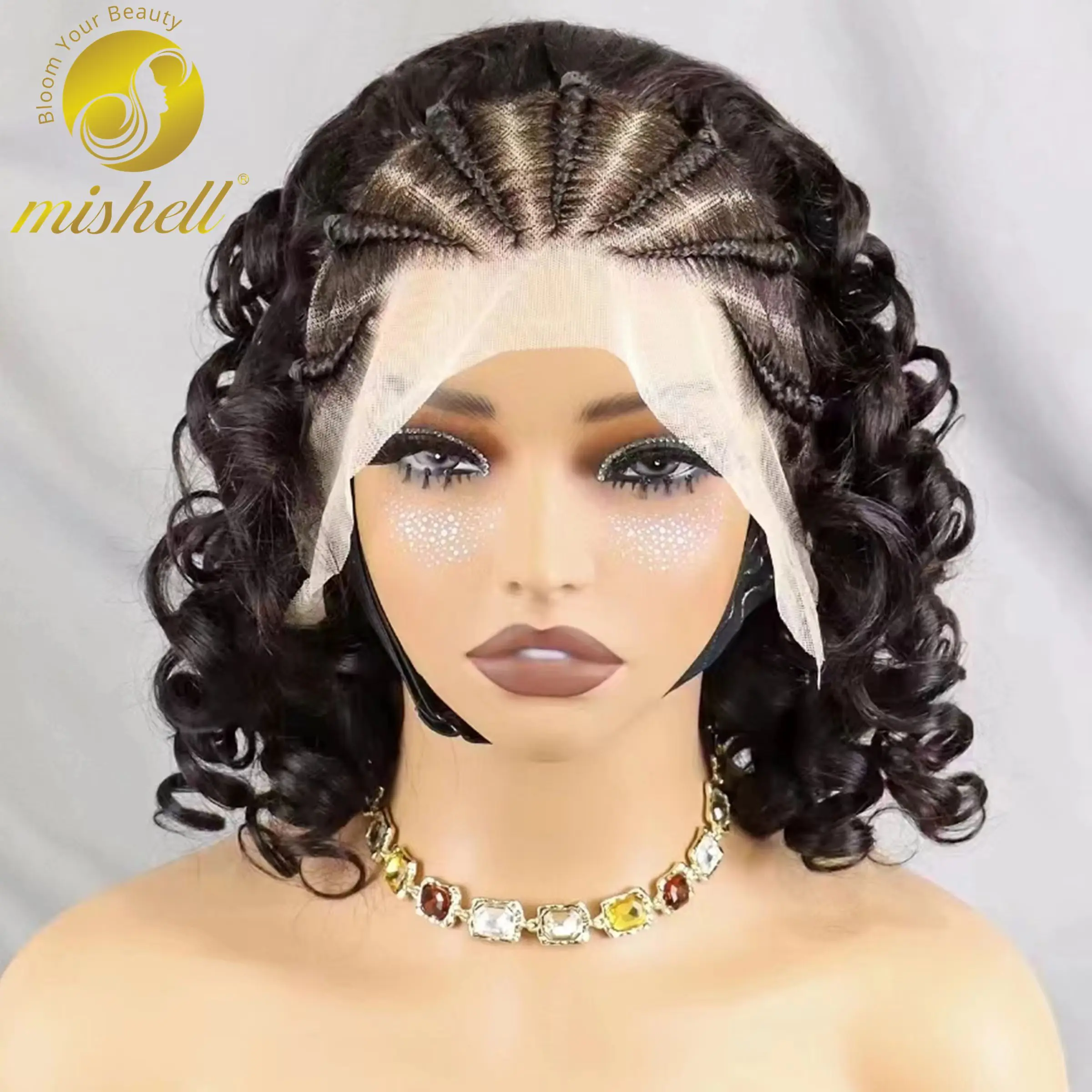 250% Density Loose Wave Human Hair Wig with Braids 13x4 Lace Frontal Cornrow Braided Wigs Loose Fumi Curly Bob Wigs for Women