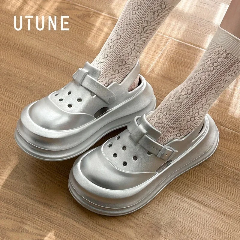 

UTUNE Women's Platform Clogs - Summer Slip-Resistant Indoor/Outdoor House Shoes Korean-Style Student Mary Jane Closed-Toe Sandal