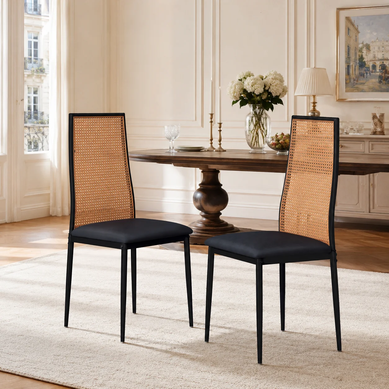 Lot de 2 chaises de salle à manger, chaises noires dossier rotin, chaises de cuisine rembourrées sans accoudoirs avec dossier cannage, chaise d’appoint pour salon salle à manger cuisine restaurant appartement café hôt
