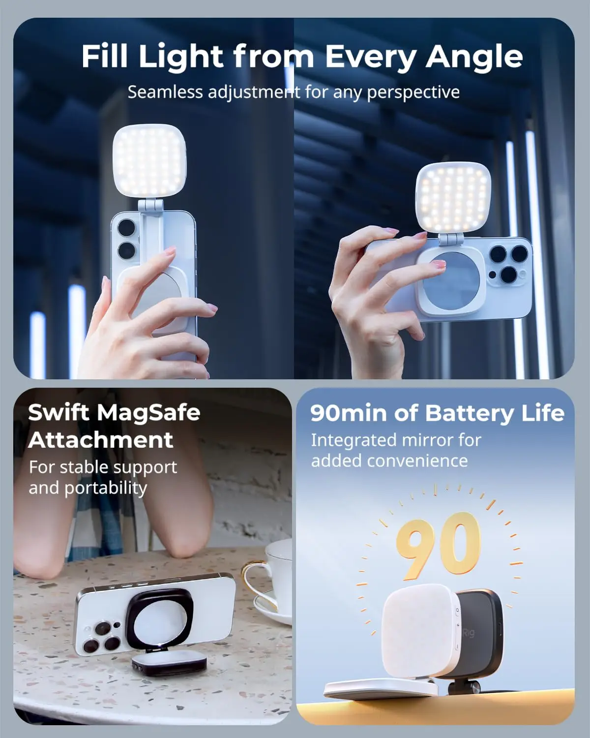 Luce magnetica per selfie SmallRig per iPhone, luce per telefono con specchio, attacco istantaneo per MagSafe, per selfie, videoconferenze