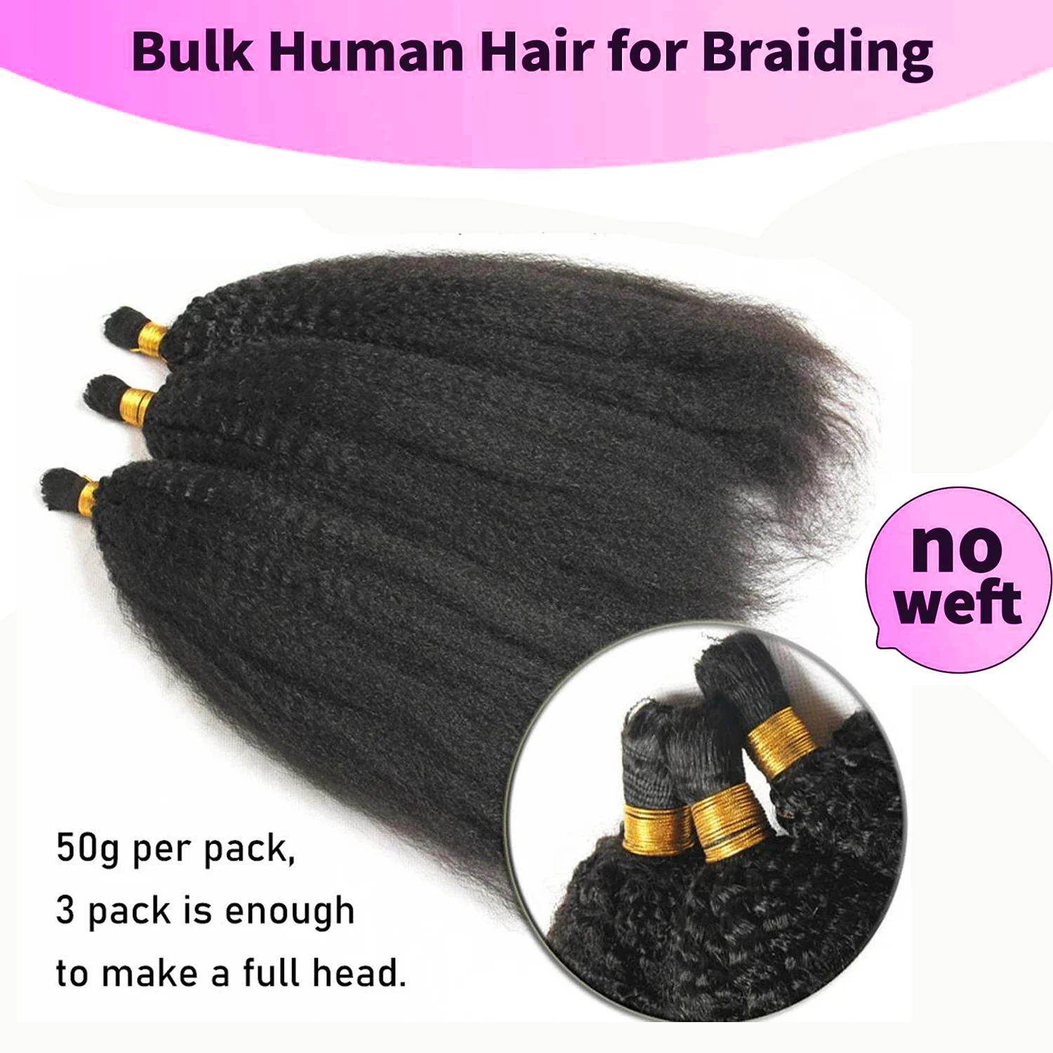 Kinky Straight Hair Bulk Brazilian Remy Human Hair Bulk For Braiding No Weft Crochet Braid Weft Hair Bulk Natural Black Color 1B