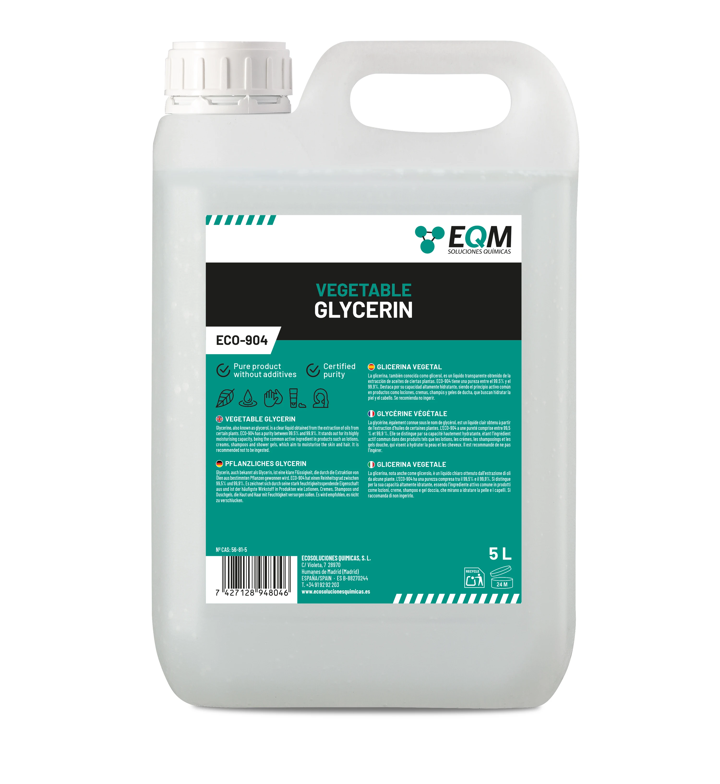 EQM - ECO-904 - Glicerina Vegetal Líquida - Pureza 99,5% - Hidratante natural para piel, cabello - Ideal en jabones, cremas