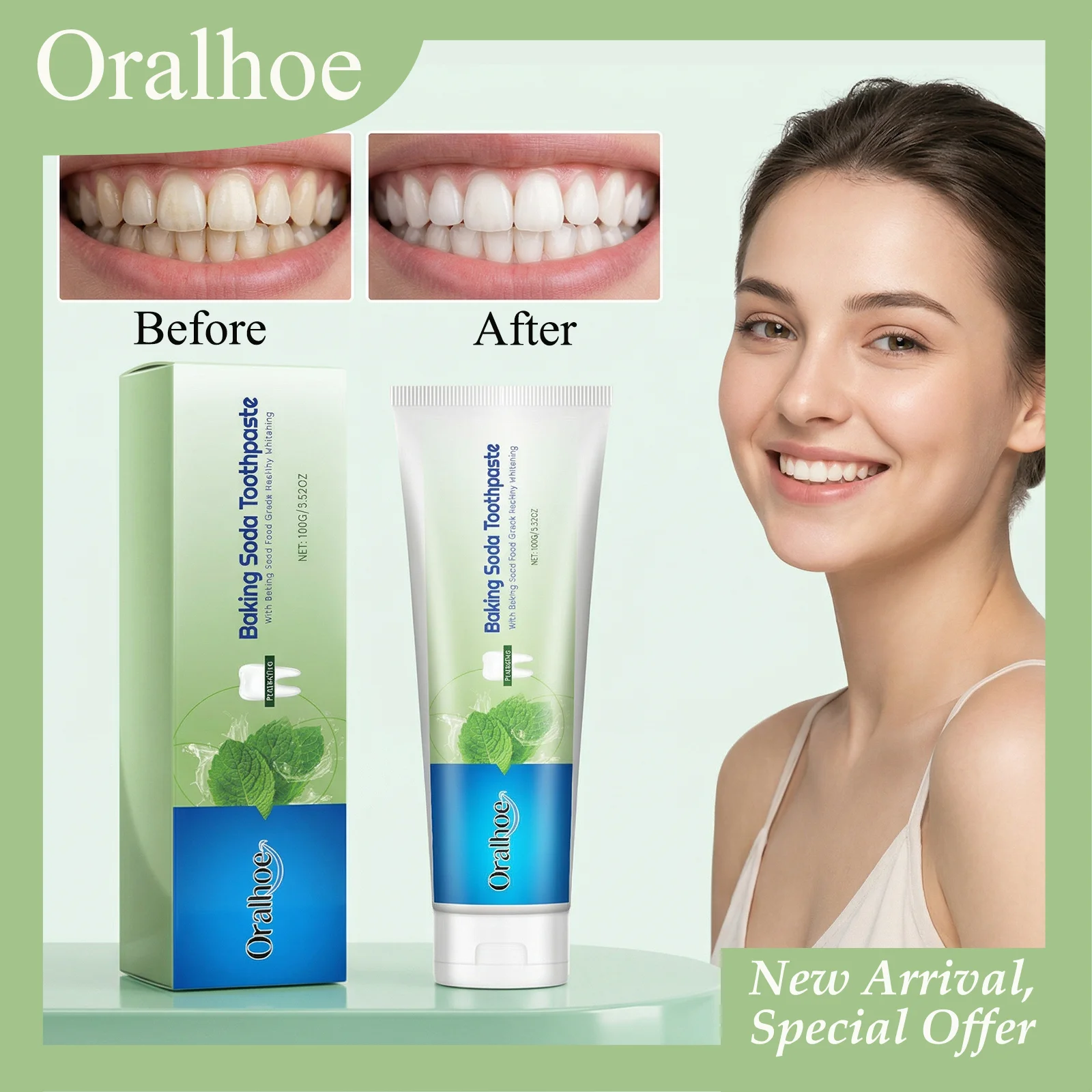 

Зубная паста ORALHOE с пищевой содой, 100 г, эффективно удаляет пятна, уменьшает неприятный запах изо рта, проста в использовании, подходит для всех типов зубов.