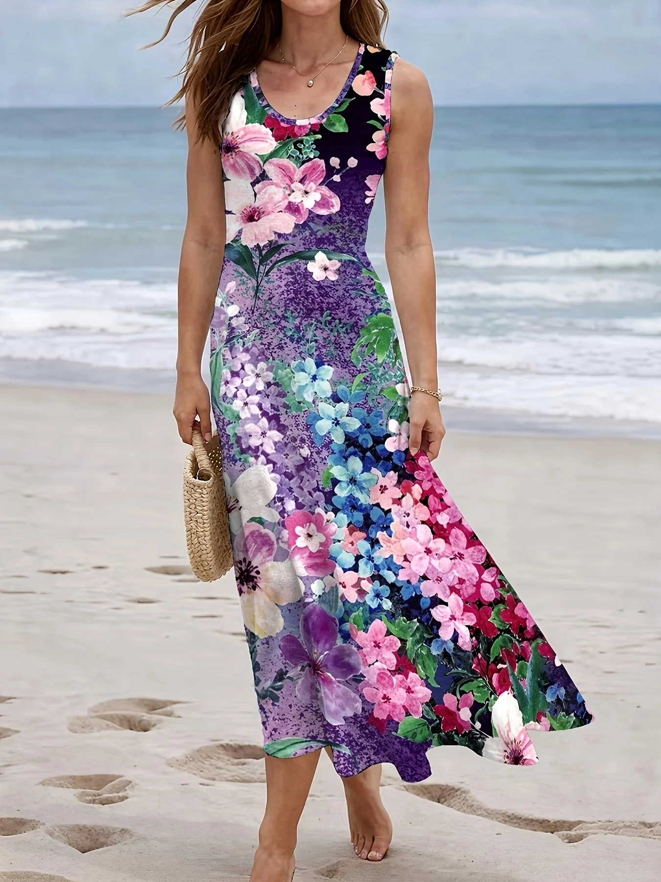 2026 New Women's Dress Fashion Floral Print New Sleeveless Design Dresses Summer Outdoor Beach Vacation Ankle Long Women's Dress