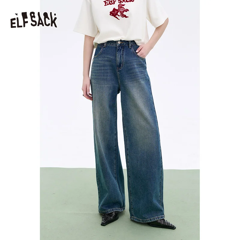 

ELFSACK 2025 Spring New Arrivals Retro Blue Loose Straight Jeans Women Basic Wide Leg Pants