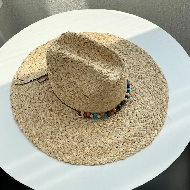 

Women's Big Brim Raffia Hat Bead Striped Band Panama Hats Summer Hat for Women UV UPF50+ Straw Fedora Beach Sun Hat Adjustable