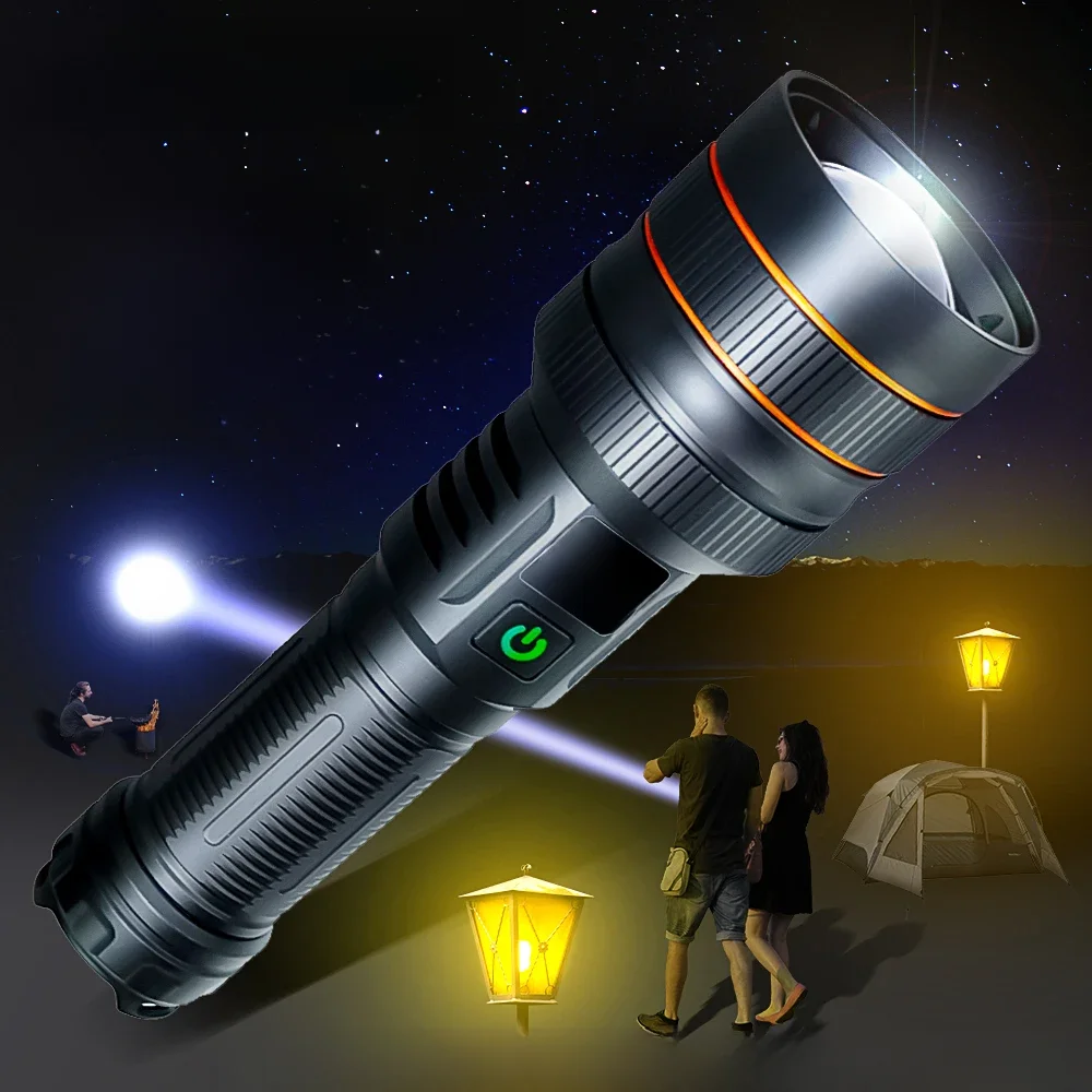 Lampe de poche LED haute puissance à très longue portée, charge de Type C, torche tactique à lumière forte, lanterne Portable d'extérieur étanche