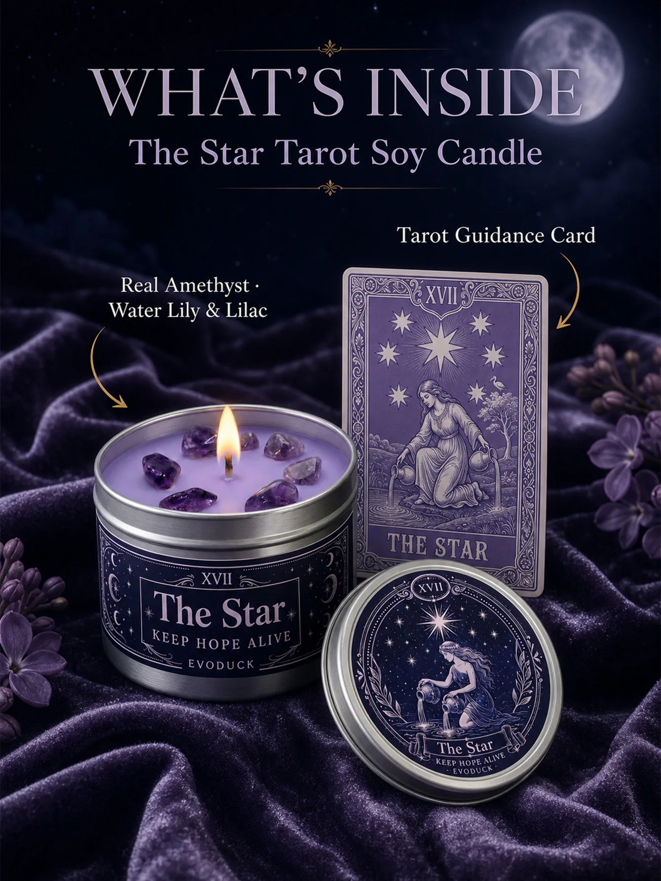 EVODUCK The Star Tarot Candle, Water Lily & Lilac Scented Candle with Amethyst Crystal Stones, Lavender Wax Silver Tin, Hope Is Coming Spiritual Ritual Candle for Meditation, Hope Healing Comfort, Celestial Decor, Birthday Christmas Gift for Women