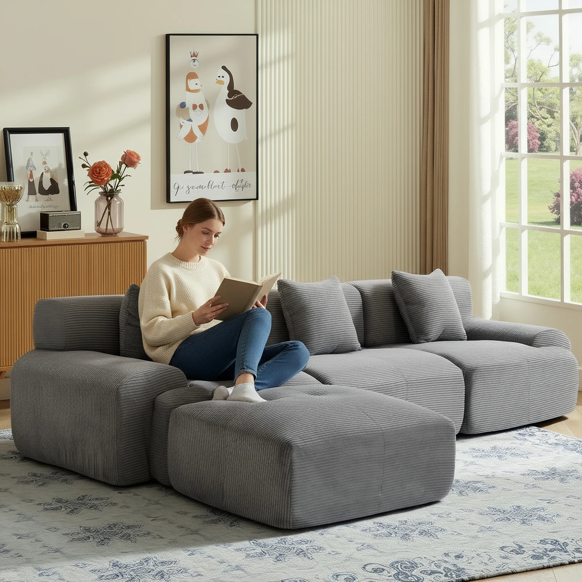 108''Free Combination Modular Sectional Sofa, Corduroy L‑Shape Chaise Lounge Sofa with Ottoman for Home Living Room