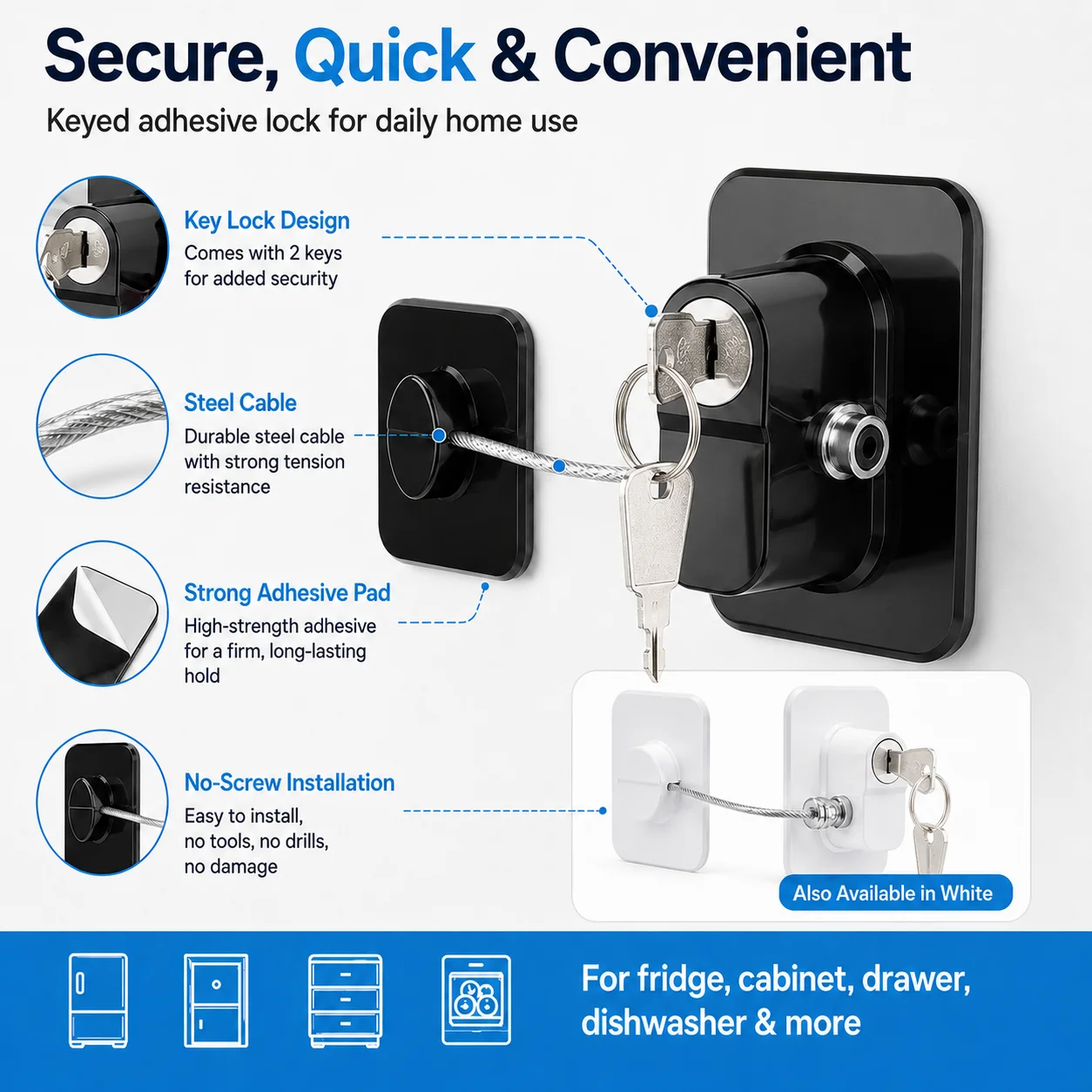 1PC Fridge Lock Adhesive Refrigerator Cabinet Drawer Safety Lock with Keys No Drill for Freezer Door Black White