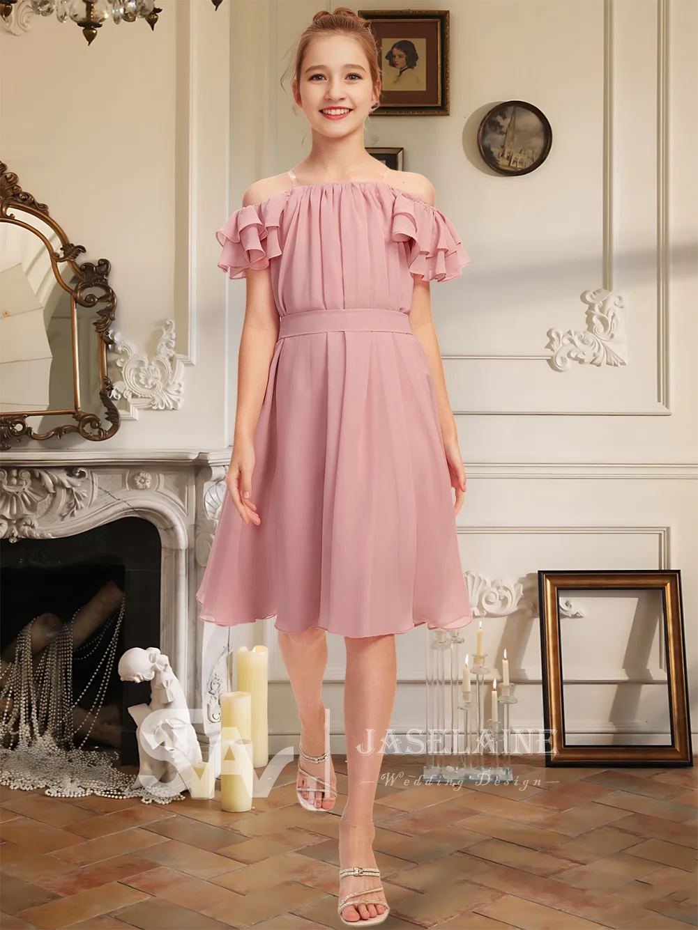 

QA A Line Off The Shoulder Knee Length Chiffon Junior Bridesmaid Dress Strapless Flower Girl Dress Wedding Party Formal Occasion