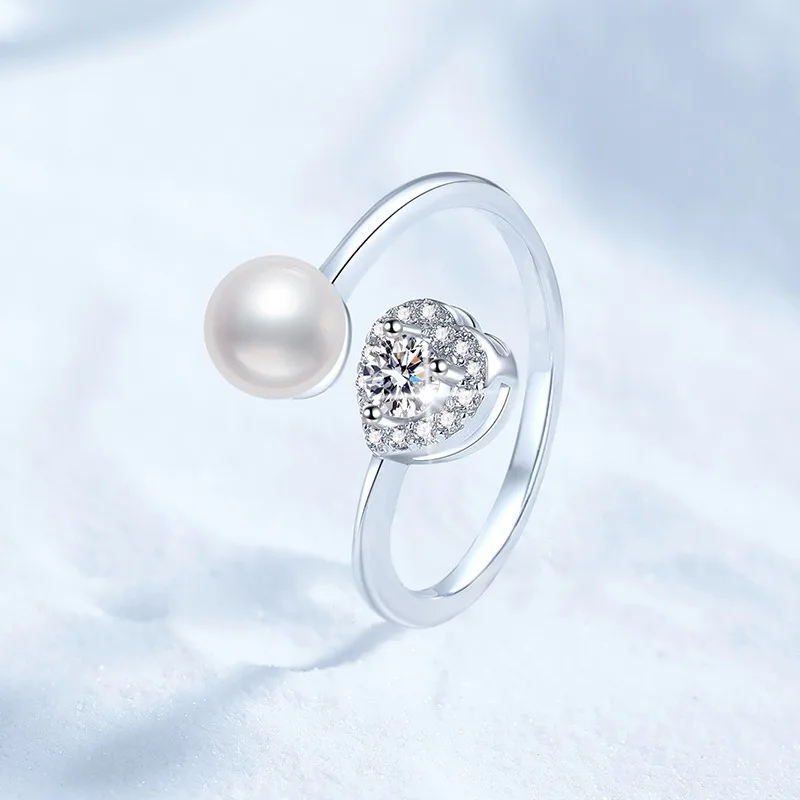 

S925 Sterling Silver Heart Ring with Moissanite and Freshwater Pearl Adjustable Size Dainty Jewelry Gift for Women