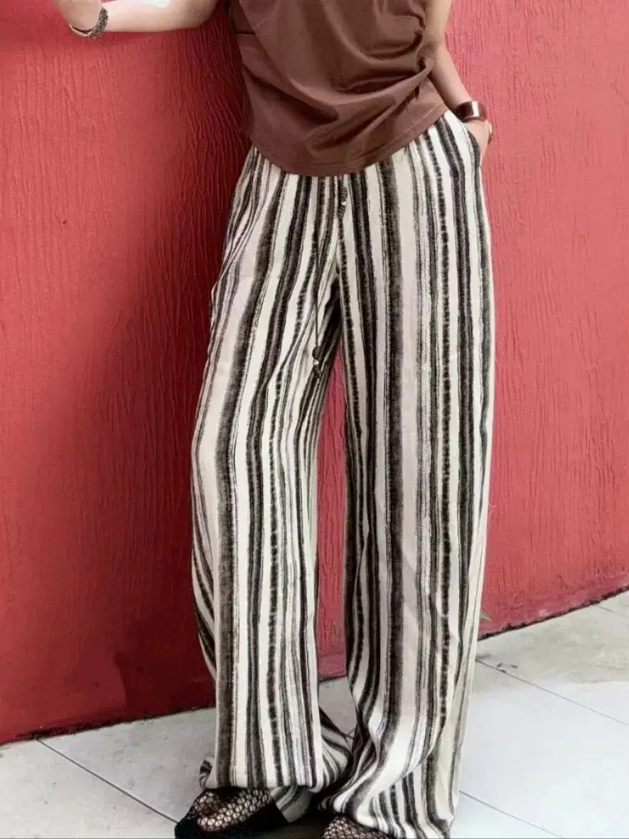 

Casual 100% linen striped wide leg trousers