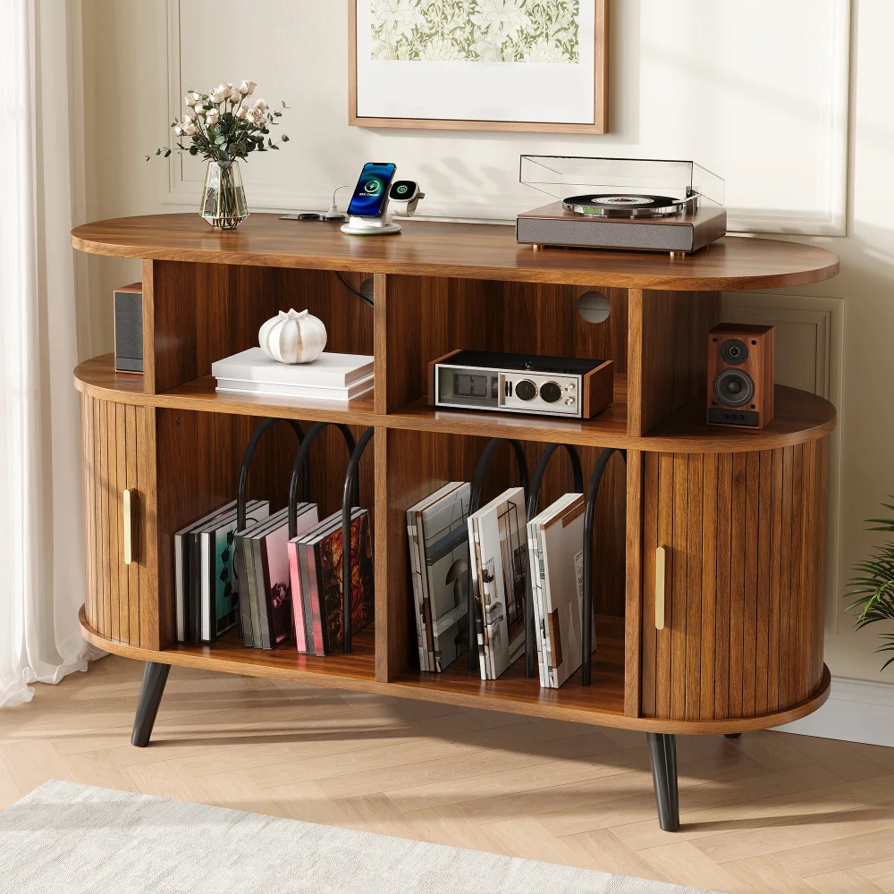 Mueble con paneles de 110 x 40 x 76 cm, estación de carga, compartimentos abiertos, puertas correderas con ranura, pasadiscos para cables, bordes redondeados, mueble moderno para la sala de estar, color nogal.