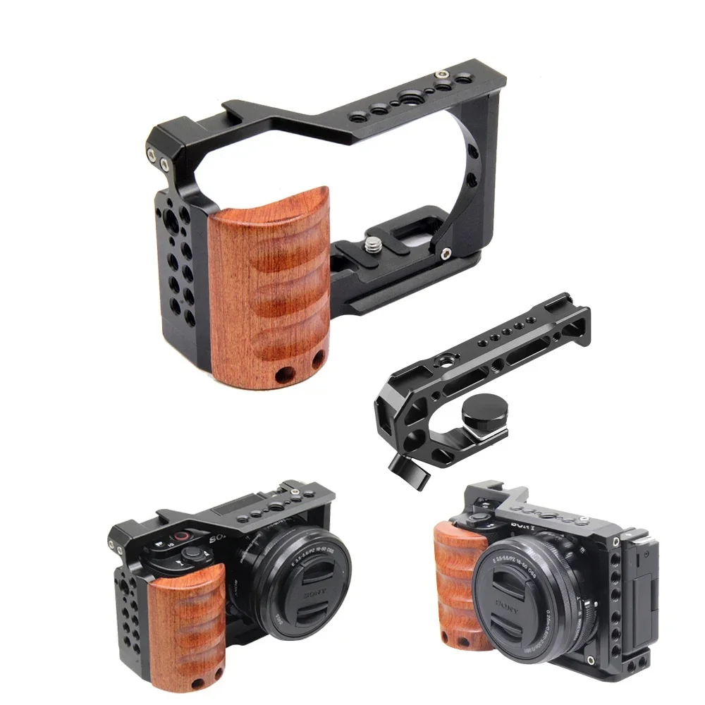 Klatka operatorska do Sony ZV-E10 z drewnianą rączką, mocowaniem na zimną stopkę, uchwytem typu \"klatka królicza\", wspornik stabilizujący, statyw do mikrofonu LED do wideo. — zdjęcie 2