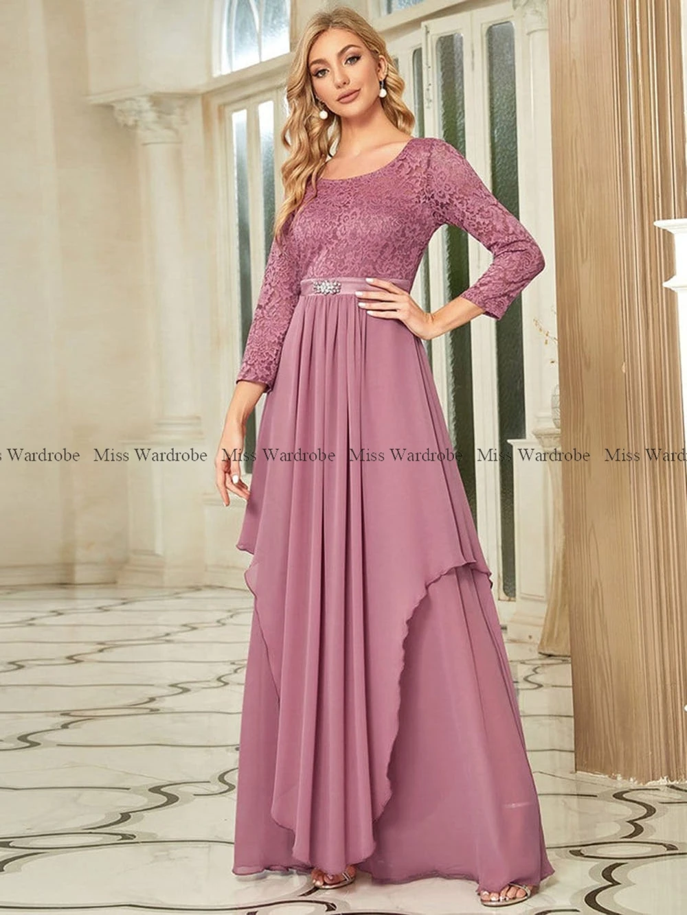 Elegante Lavendel Kant Bruidsmeisje Jurk Primeur 3/4 Lange Mouw Asymmetrische Chiffon Formele Avond Feest Floor Lengte