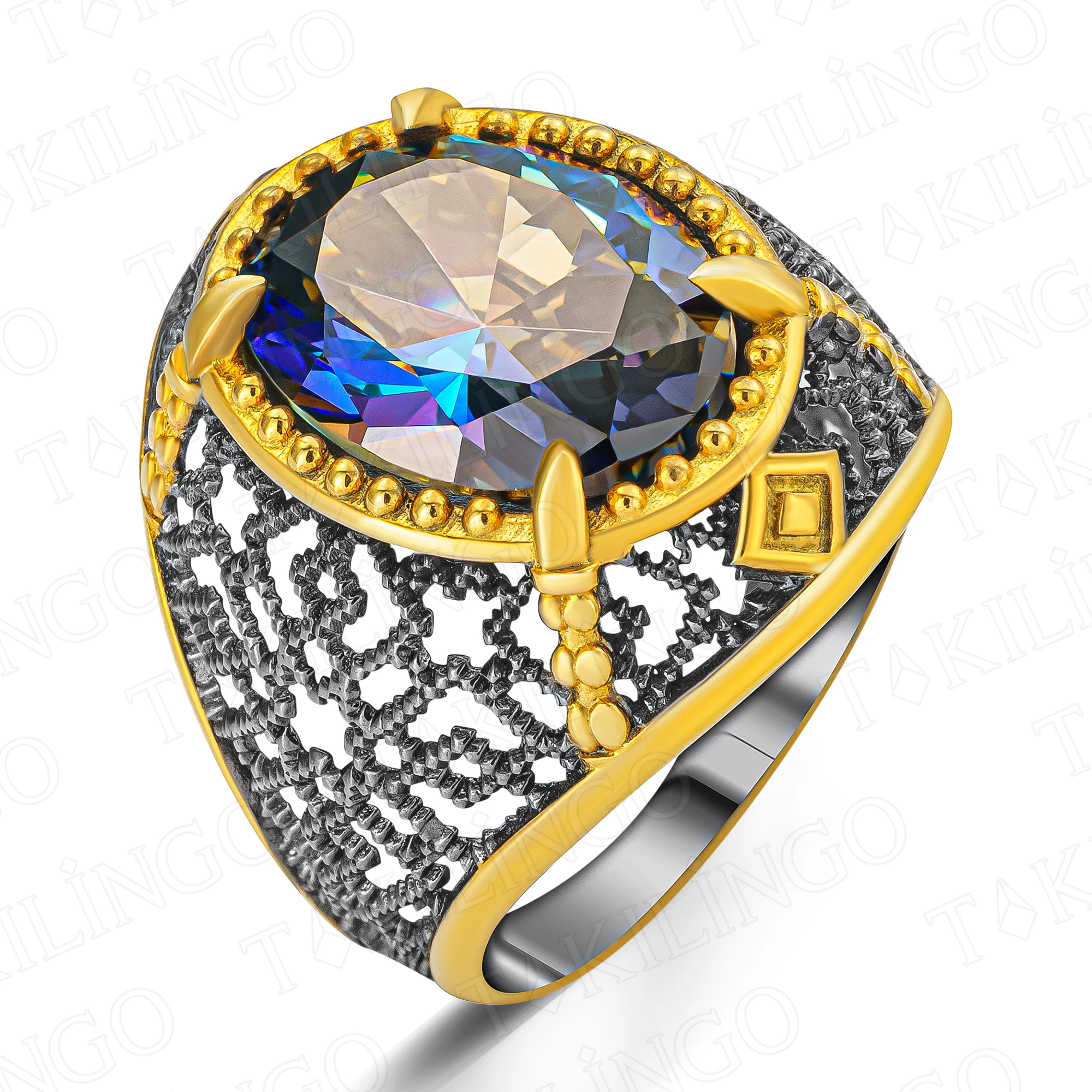 Gold-Plated Stamped Solid 925 Sterling Silver Black Rhodium Plated Blue Topaz Stone Men's Ring High Quality Jewelery Gift Him