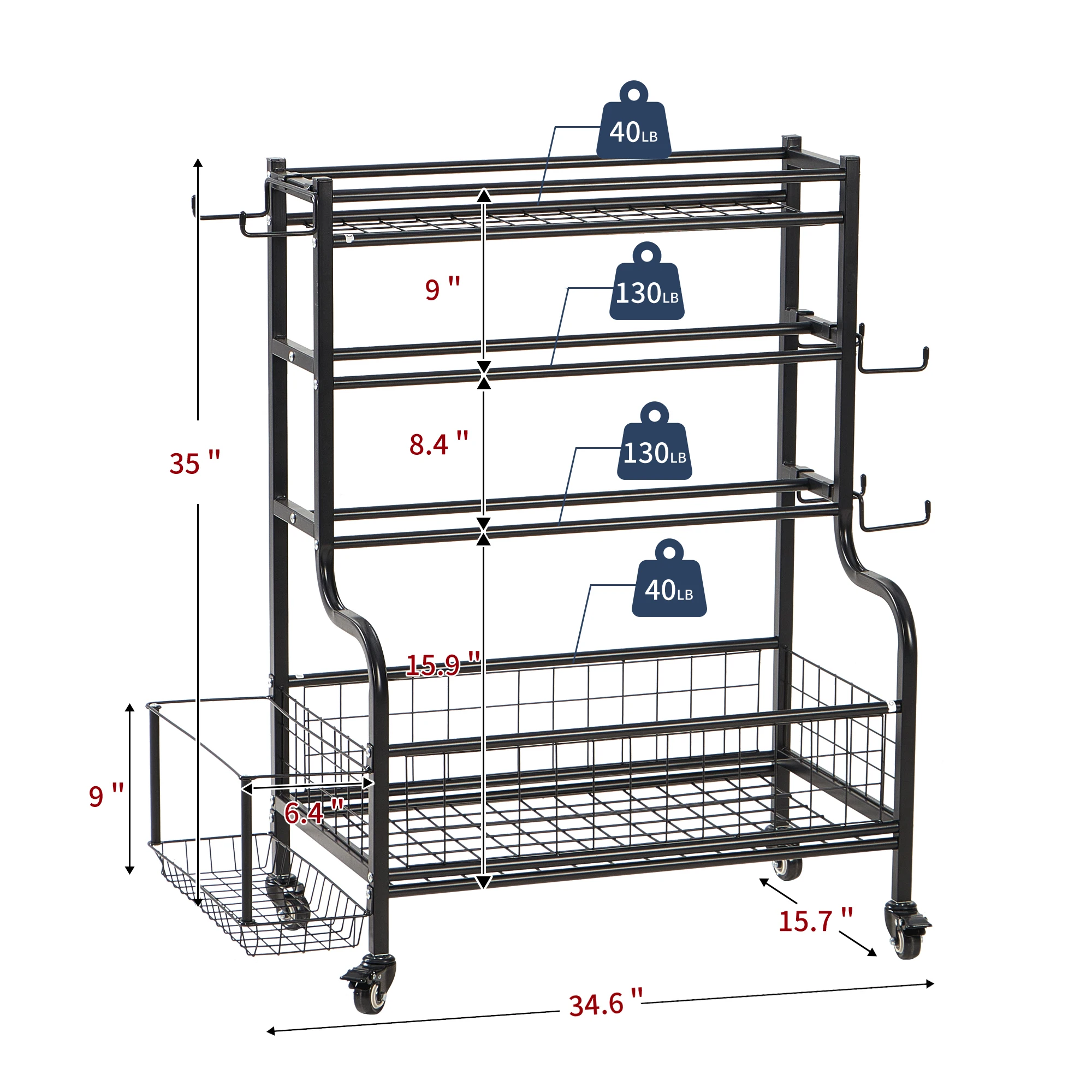 Storage Rack with Wheels & Hooks for Dumbbells, Kettlebells, and Yoga Mats, Home Gym All-in-One Weight Stand