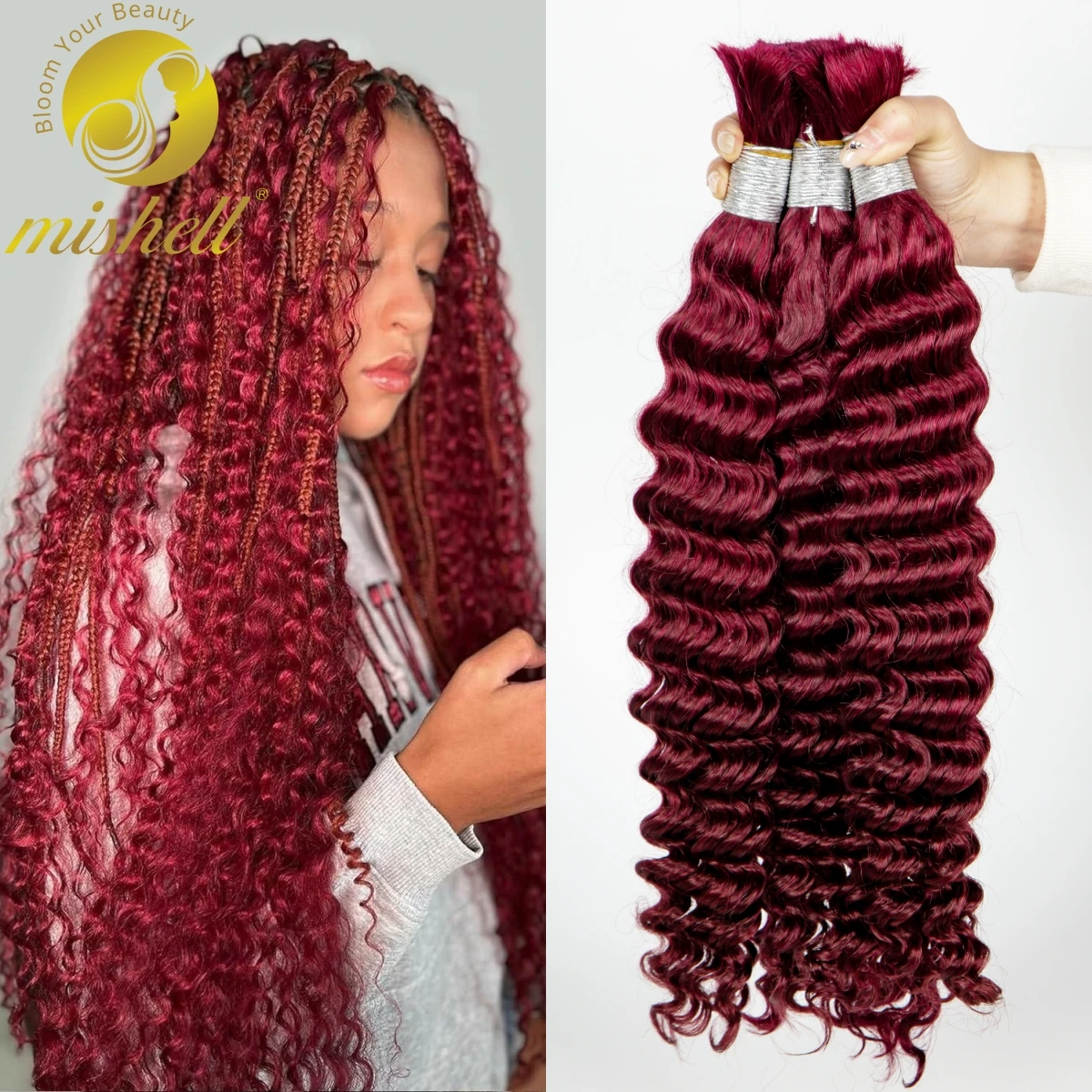 Burgundy Deep Wave Bulk 24 26 28 Inches Human Hair For Braiding No Weft 100% Virgin Hair Curly Extensions For Women Boho Braids