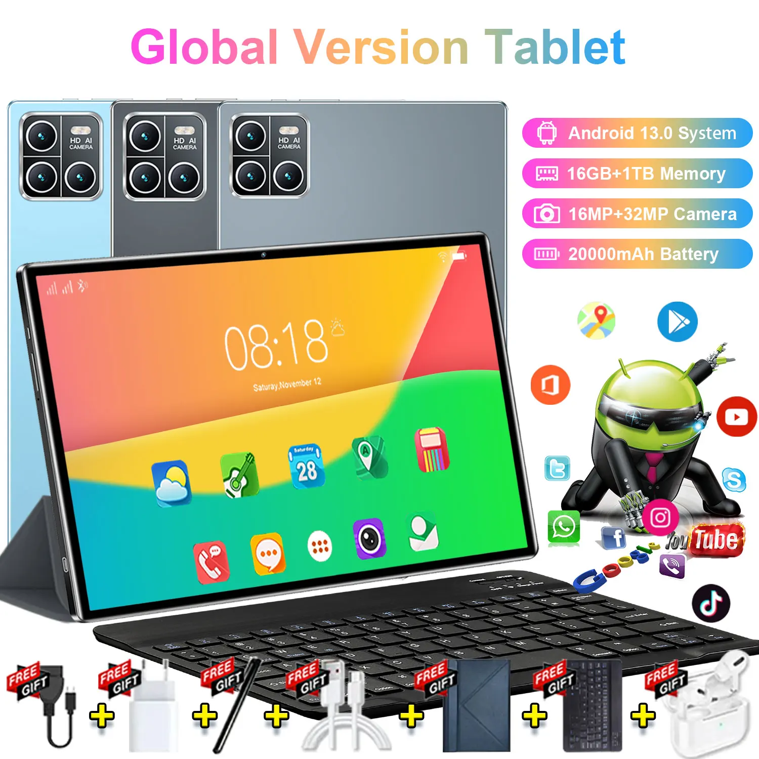 Tableta inteligente avanzada de pulgadas, potente CPU de 14 núcleos, batería de larga duración de mAh, gran almacenamiento de 16 GB + 1 TB, sistema operativo Android 13 estable, 5G Dual SIM con comunicación completa, resolución de 2560 × 1600, cámaras HD frontales y traseras de 16 MP + 32 MP