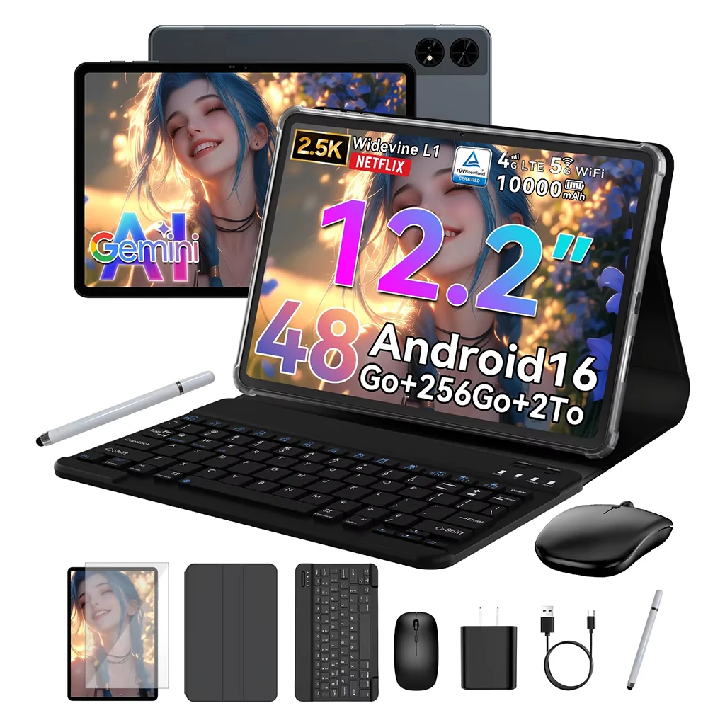 Tablette PC TABWEE T60 avec clavier, écran 12,2 pouces 2,5K, tablette Android 16, jusqu'à 36 Go + 256 Go, 10000 mAh, WiFi/LTE 5G, souris BT