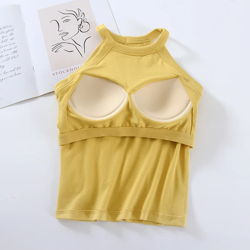 Ribbed Women's Camisole with Padded Wireless Bust Sleeveless Sexy Halter Neck Casual Stylish Base Layer Female Top Outwear C5700