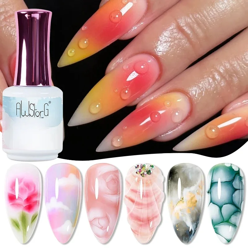 AWStorG 15ML clair 2 en 1 Base floraison Gel vernis à ongles Semi Permanent effet d'épandage UV marbre vernis à ongles aquarelle manucure