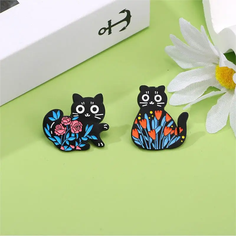 Cute Cartoon Black Cat Enamel Brooch Creative Animal Flower Plant Lapel Pin Badge Backpack Clothing Hat Accessories