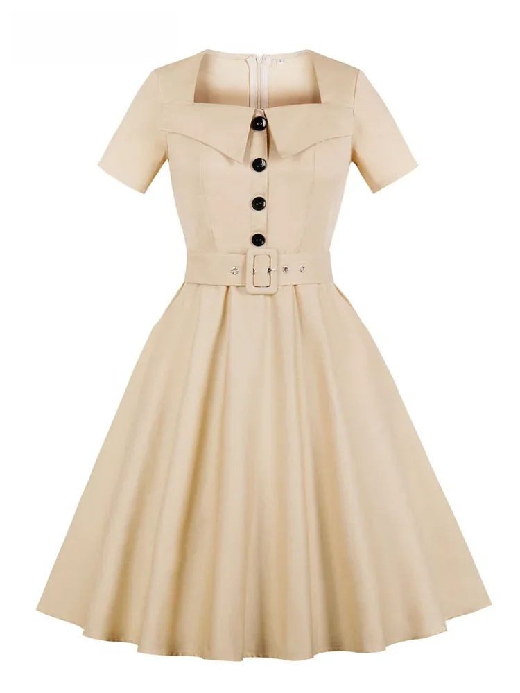 Tonval Pinup Vrouwen Vierkante Kraag Knop Voor Belted 50S Rockabilly Jurk Korte Mouw Zak Elegante Effen Vintage Jurken - afbeelding 2