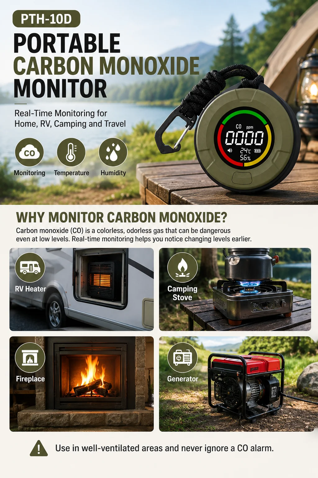 FABISENSE CO-Detektor 10D Camping Kohlenmonoxid-Lecksucher mit Magnetischer Befestigung Temperatur- & Feuchtigkeitssensor für Zuhause & Wohnmobil – Detail 2