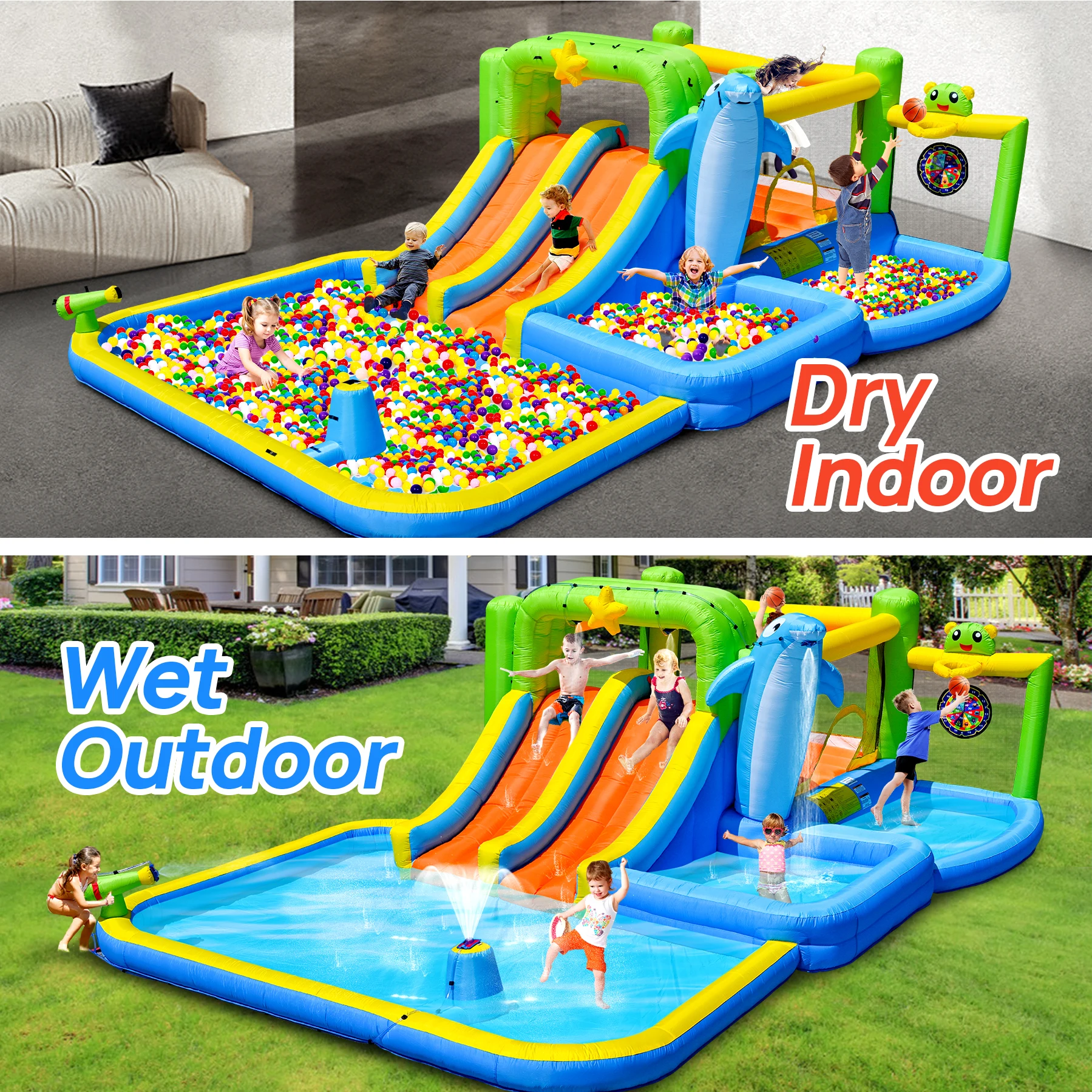 Endless Fun: Inflatable Bouncy House for Kids with Hair Dryer, Shower, Soaking Pool, Sprinkler, Fountain, Water Gun, and Slide view 4