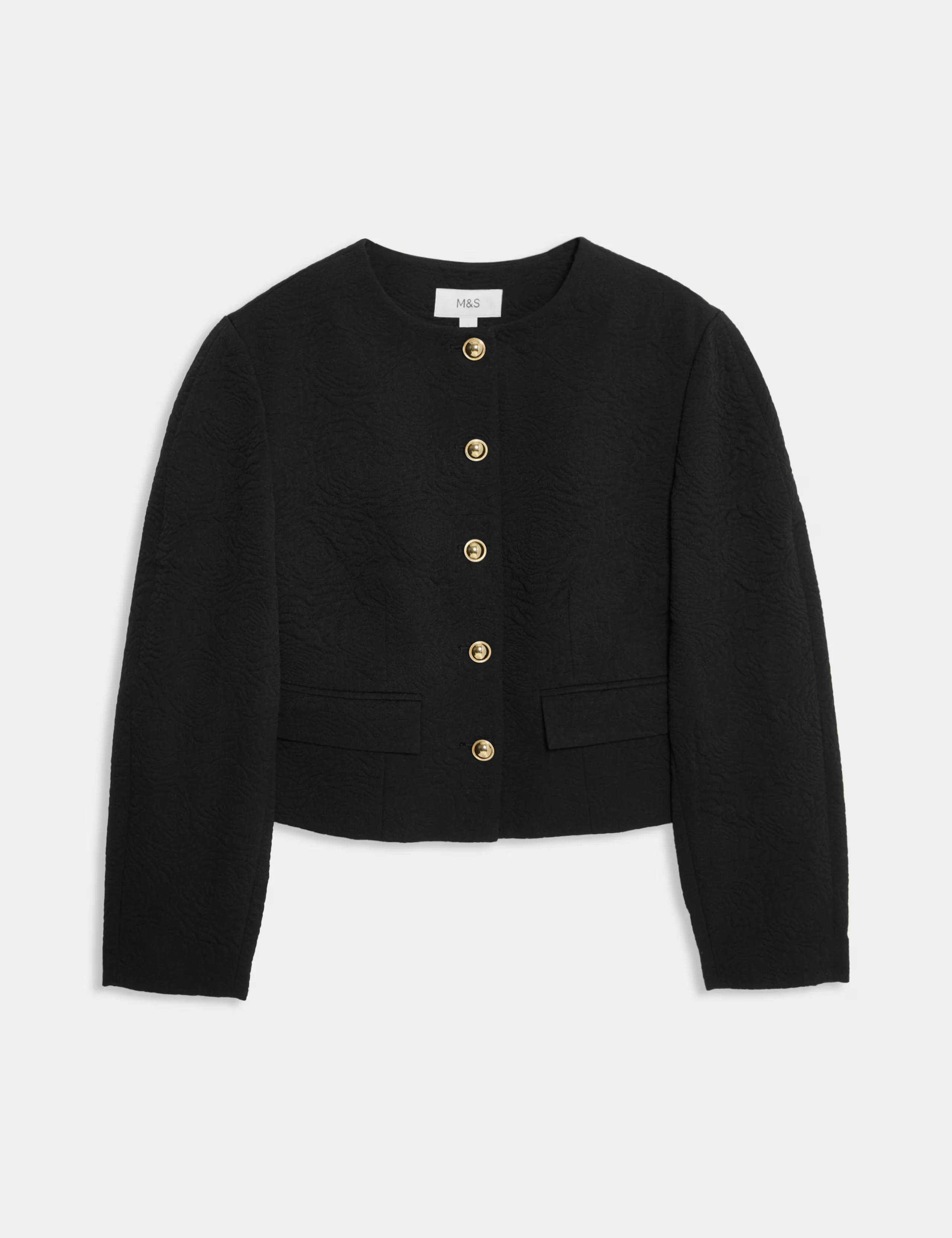 

Women's Black Textured Cardigan Long Sleeve Elegant Office Wear Jacquard Collarless Jacket for Women