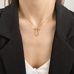 Freetry Elegant Stainless Steel Bowknot Pendant Necklace for Women Korean Fashion Clavicle Chain Short Necklace Neck Jewelry New