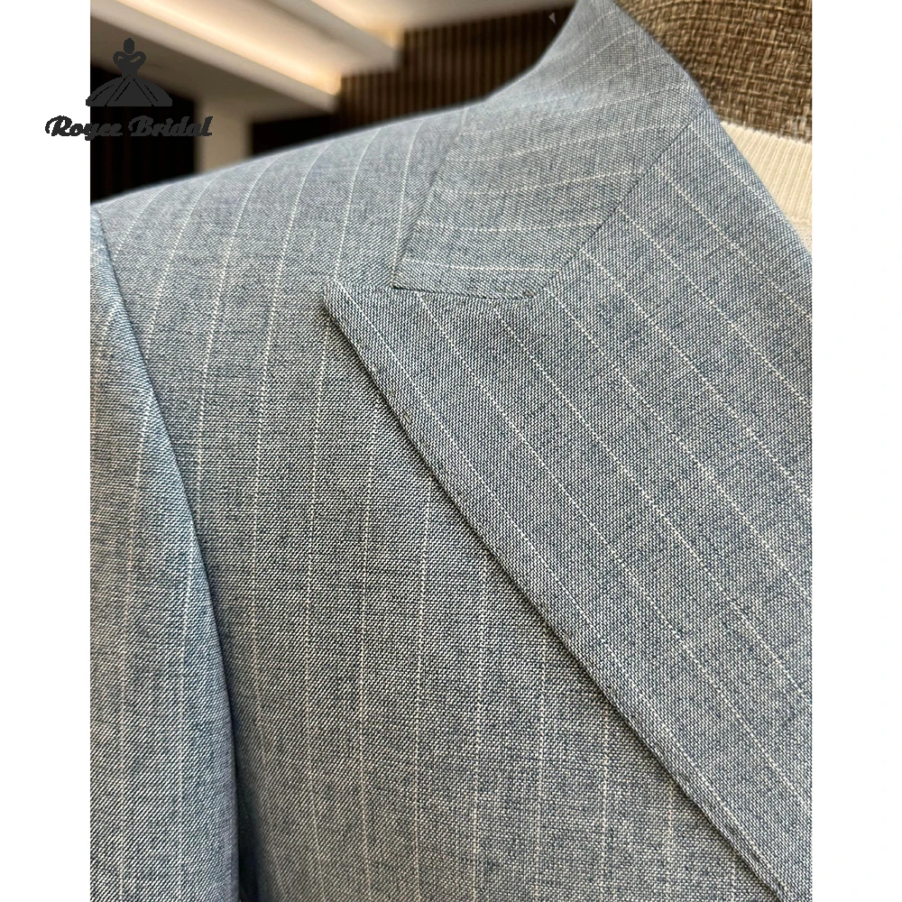 رمادي فاتح مخطط قطعتين الذروة التلبيب بدلة رجالية الزفاف 2026 مزدوجة الصدر بدلة عمل مخصصة trajes الفقرة hombre #3